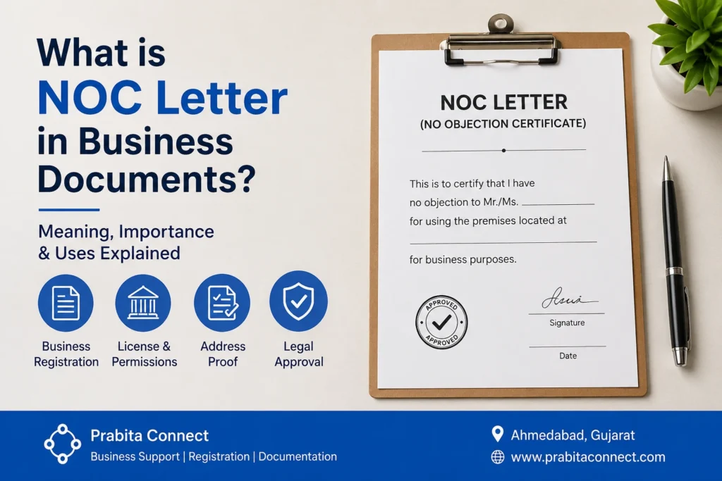 Professional banner explaining NOC letter for business documents with clipboard, approval document, and Prabita Connect branding in Ahmedabad.
